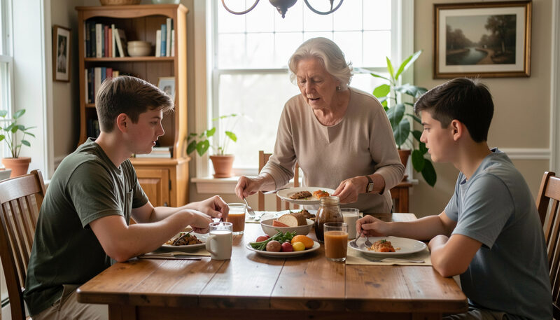 An older host mother serving lunch to two teenage students at a wooden table in a cozy dining room..