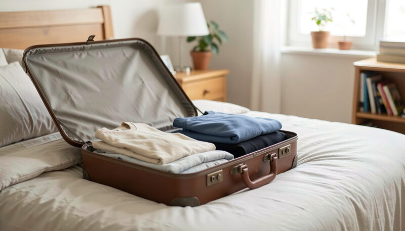 An open suitcase with folded clothes on a bed in a bright host family bedroom..