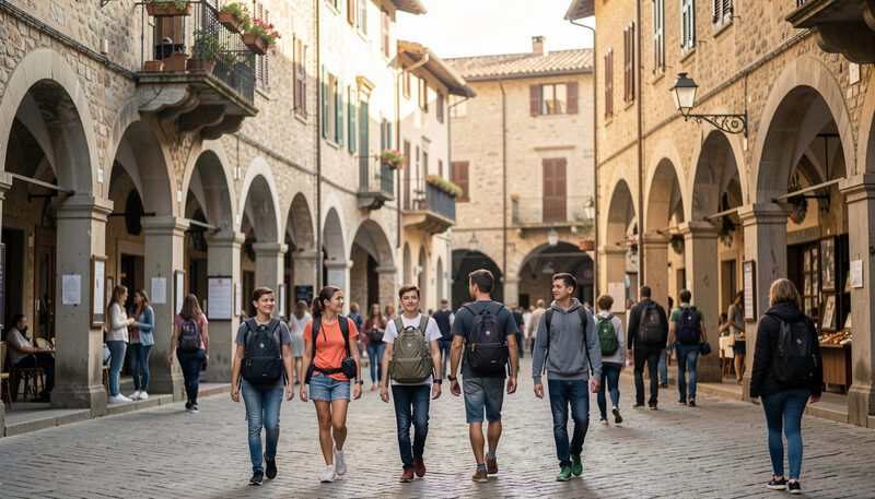 Students walking with backpacks through a lively old town square with arcades in the morning..