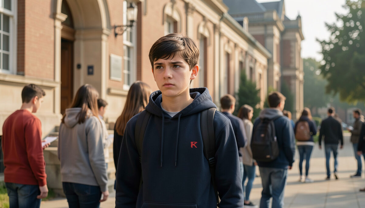A nervous teenage student waiting outside a historic exam building with other candidates in morning light. Fotografia ilustrativa de la guía.