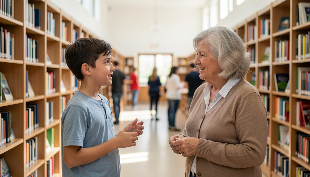 A young student talking with a helpful older woman in a bright public library hall. Fotografia ilustrativa de la guía.
