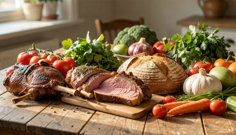 A rustic wooden table with roast lamb a round country loaf and market vegetables in warm light..