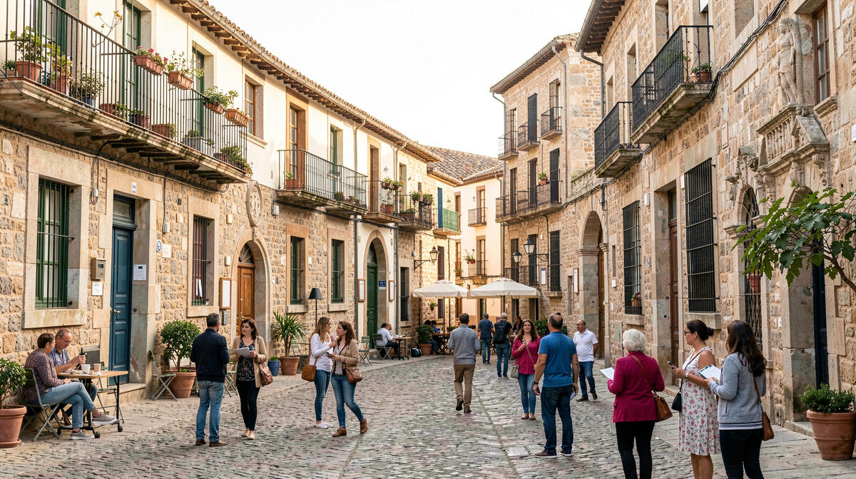 Estudiantes internacionales paseando con cuadernos por una plaza porticada de Valladolid al atardecer. Fotografia ilustrativa.