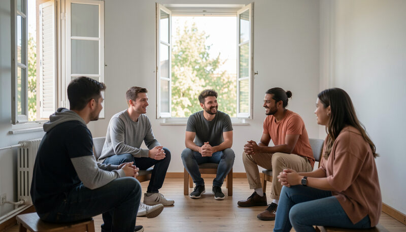 Six students practicing conversation in a circle with a teacher in a small room with open windows..
