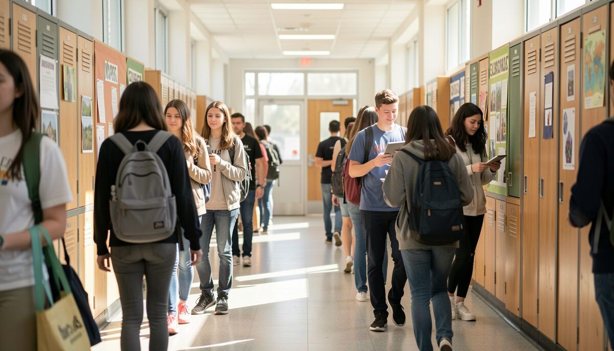 International students arriving with backpacks for a morning class in a sunny school hallway. Fotografia ilustrativa de la guía.