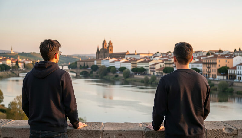 Two students looking over Valladolid from a riverside viewpoint at sunset with the city behind them..