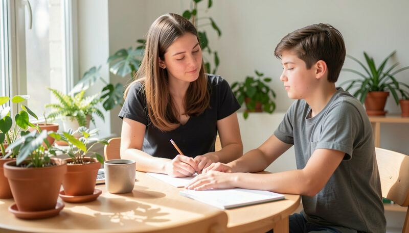 A teacher helping a teenage student during a one to one lesson in a bright room with plants..