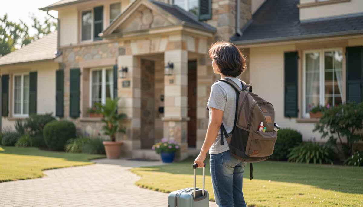 A student with a backpack looking at a guesthouse facade while holding a small suitcase in daylight. Fotografia ilustrativa de la guía.