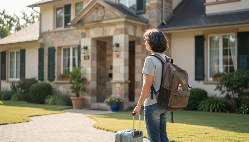 A student with a backpack looking at a guesthouse facade while holding a small suitcase in daylight..