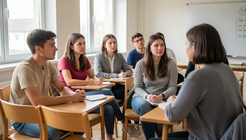 A small group of adult students listening attentively to a teacher in a bright classroom with wooden chairs..