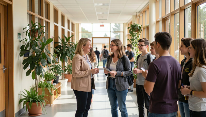Two teachers chatting with students in a welcoming school corridor with plants and natural light..