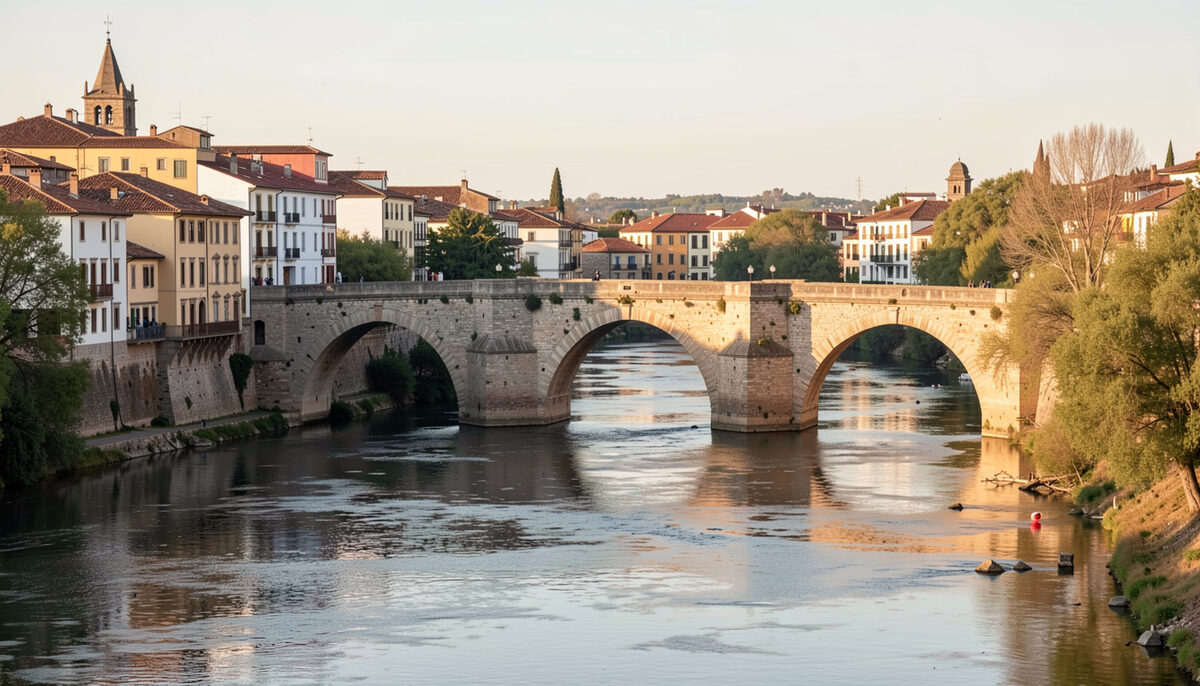 A calm view of the Pisuerga river with an old stone bridge and historic rooftops at golden hour..