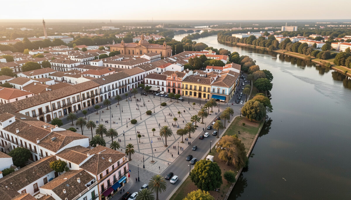 An aerial style view of Valladolid plazas rooftops and river banks under soft evening light. Fotografia ilustrativa de la guía.